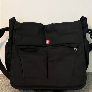 SwissGear Black Messenger Bag with Red Swiss Cross Accent